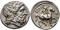 GRIECHISCHE MÜNZEN MACEDONIA. Kφnige von Makedonien. Philippos II. (359-336). Tetradrachme (14,35 g), Amphipolis, posthum, ca. 323/322-316/315 v. Chr. Kopf des Zeus mit Lorbeerkranz / Reiter mit Palmz