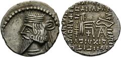 GRIECHISCHE MÜNZEN PARTHIA. Königreich der Arsakiden. Mithridates V. (140). Drachme (3,73 g), Ekbatana, 140 v. Chr. Büste des Königs mit Diadem / Arsakes mit Bogen auf Thron, im r. Feld Monogramm. Sel