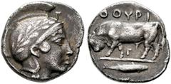 GRIECHISCHE MÜNZEN LUCANIA. Thurium. Triobol (1,15 g), ca. 443-400 v. Chr. Av.: Kopf der Athena mit Lorbeerkranz und attischem Helm n.r., im oberen r. Feld Γ. Rv.: ΘOYPI, Stier n.l., im Feld Γ, im Abs