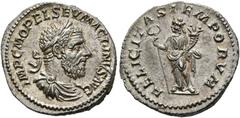 RÖMISCHE KAISERZEIT Macrinus (217-218) Denarius (3,51 g). Roma, 2. Emission, September 217-Anfang März 218 n. Chr. Av.: IMP C M OPEL SEV MACRINVS AVG, Büste mit Lorbeerkranz, Drapierung und Kürass n.r