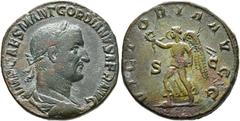 RÖMISCHE KAISERZEIT Gordianus I. Africanus (238) Sestertius (17,43 g), Roma, Jänner 238 n. Chr. Av.: IMP CAES M ANT GORDIANVS AFR AVG, Büste mit Lorbeerkranz, Drapierung und Kürass n.r. Rv.: VICTORIA 