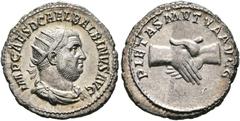 RÖMISCHE KAISERZEIT Balbinus (238) AR-Antoninianus (4,31 g), Roma, Jänner/Februar-Mai 238 n. Chr. Av.: IMP CAES D CAEL BALBINVS AVG, Büste mit Strahlenkrone, Drapierung und Kürass n.r. Rv.: PIETAS MVT