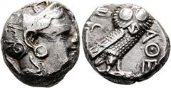GRIECHISCHE MÜNZEN ATTIKA. Athen. Tetradrachme (17,18 g), ca. 353-294 v. Chr. Kopf der Athena mit attischem Helm und Lorbeerkranz / Eule, dahinter Olivenzweig und Mondsichel, alles im Quadratum Incusu