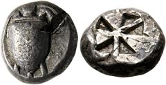 GRIECHISCHE MÜNZEN AIGINA. Aigina. Stater (12,22 g), ca. 525-480 v. Chr. Wasserschildkröte / Quadratum Incusum. Meadows, Gruppe IIa-IIb, HGC 6, 430. Prüfhieb im Av. Dunkle Tönung. s.sch.+ (D).