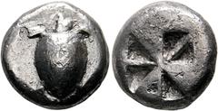GRIECHISCHE MÜNZEN AIGINA. Aigina. Stater (10,90 g), ca. 525-475 v. Chr. Wasserschildkröte / Quadratum Incusum. Meadows, Gruppe IIc, HGC 6, 433. Gegenstempel im Av. Kratzer. f.s.sch. (D).