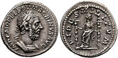 RÖMISCHE KAISERZEIT Macrinus (217-218). Denarius (3,13 g), Roma, 2. Emission, September 217-Februar 218 n. Chr. Büste mit Lorbeerkranz und Kürass / Fides mit zwei Standarten. RIC IV 67, RSC III 23c. D