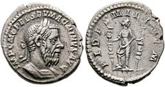 RÖMISCHE KAISERZEIT Macrinus (217-218). Denarius (2,98 g), Roma, 2. Emission, September 217-Februar 218 n. Chr. Büste mit Lorbeerkranz und Kürass / Fides mit zwei Standarten. RIC IV 67, RSC III 23c. D