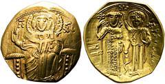 BYZANTINISCHE MÜNZEN Iohannes III. Dukas Vatatzes (1222-1254). Hyperpyron (Scyphat) (2,42 g), Magnesia, 1232-1254 n. Chr. Christus im Benediktionsgestus mit Evangelium auf Thron / Kaiser mit Labarum u