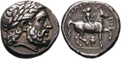 GRIECHISCHE MÜNZEN MACEDONIA. Könige von Makedonien. Philippos II. (359-336) Tetradrachme (14,45 g), Amphipolis, ca. 342/341-329/328 v. Chr. Kopf des Zeus mit Lorbeerkranz / Reiter mit Palmzweig, daru