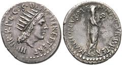 RÖMISCHE REPUBLIK IMPERATORISCHE ZEIT. M. Antonius. Denarius (3,49 g), Heeresmünzstätte in oder bei Athen, 38 v. Chr. Av.: IIIVIR R P C COS DESIG ITER ET TERT, Kopf des Sol n.r. Rv.: M ANTONIVS M F - 