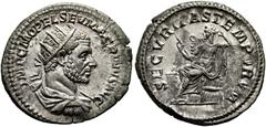 RÖMISCHE KAISERZEIT Macrinus (217-218). AR-Antoninianus (5,56 g), Roma, 1. Emission, Anfang/Mitte Mai-Ende Juli 217 n. Chr. Av.: IMP C M OPEL SEV MACRINVS AVG, Büste mit Strahlenkrone, Drapierung und 