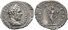 RÖMISCHE KAISERZEIT Macrinus (217-218). Denarius (2,62 g), Roma, 2. Emission, September 217-Februar 218 n. Chr. Av.: IMP C M OPEL SEV - MACRINVS AVG, Büste mit Lorbeerkranz und Drapierung n.r. Rv.: FE