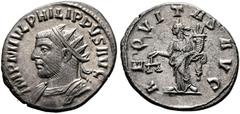 RÖMISCHE KAISERZEIT Philippus I. Arabs (244-249). AR-Antoninianus (3,59 g), Antiochia (Antakya), 247 n. Chr. Av.: IMP M IVL PHILIPPVS AVG, Büste mit Strahlenkrone und Kürass n.l. Rv.: AEQVITAS AVG, Ae