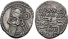 Ancient Coins PARTHIA - Königreich der Arsakiden Vologases IV. (147-191) Drachme (3,65 g), Ekbatana. Büste des Königs mit Tiara und Diadem / Arsakes mit Bogen auf Thron, im r. Feld Monogramm. Sellwood