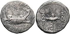 Ancient Coins IMPERATORISCHE ZEIT M. Antonius Denarius (3,63 g), Heeresmünzstätte in Griechenland (Patrae?), Herbst 32-Frühjahr 31 v. Chr. Galeere / LEG - III, Aquila zwischen zwei Standarten. Crawfor