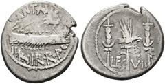 Ancient Coins IMPERATORISCHE ZEIT M. Antonius Denarius (3,11 g), Heeresmünzstätte in Griechenland (Patrae?), Herbst 32-Frühjahr 31 v. Chr. Galeere / LEG - VII, Aquila zwischen zwei Standarten. Crawfor