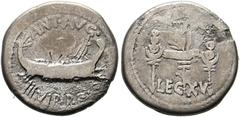Ancient Coins IMPERATORISCHE ZEIT M. Antonius Denarius (3,20 g), Heeresmünzstätte in Griechenland (Patrae?), Herbst 32-Frühjahr 31 v. Chr. Av.: ANT AVG / IIIVIR R P C, Galeere n.r. Rv.: LEG - XV, Aqui