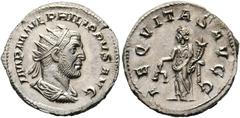 Ancient Coins RÖMISCHE KAISERZEIT Philippus I. Arabs (244-249) AR-Antoninianus (4,33 g), Roma, 244-247 n. Chr. Büste mit Strahlenkrone, Drapierung und Kürass / Aequitas mit Waage und Cornucopiae. RIC 