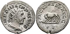 Ancient Coins RÖMISCHE KAISERZEIT Philippus I. Arabs (244-249) AR-Antoninianus (3,45 g), Roma, Ausgabe zur Tausendjahrfeier Roms, 248 n. Chr. Büste mit Strahlenkrone, Drapierung und Kürass / Lupa Roma