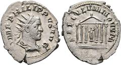 Ancient Coins RÖMISCHE KAISERZEIT Philippus I. Arabs (244-249) AR-Antoninianus (3,61 g), Roma, Ausgabe zur Tausendjahrfeier Roms, 248 n. Chr. Büste mit Strahlenkrone, Drapierung und Kürass / Hexastyle
