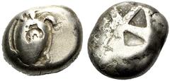 GRIECHISCHE MÜNZEN AIGINA Aigina (D) Stater (12,25g), ca. 500-480 v.Chr. Mit Gegenstempel: Satyrkopf v.v. (?). SNG München 536-538, HGC 433. sch.-s.sch.