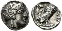 GRIECHISCHE MÜNZEN ATTIKA Athen (D) Tetradrachme (17,14g), ca. 449-404 v.Chr. Av.: Kopf der Athena mit attischem Helm und Lorbeerkranz n.r. Rv.: Eule n.r., Kopf v.v., dahinter Olivenzweig und Mondsich