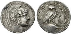 GRIECHISCHE MÜNZEN ATTIKA Athen (D) Tetradrachme (16,82g), 173-172 v.Chr. (Thompson) oder 141-140 v.Chr. (Lewis/Boehringer). Athenakopf / Eule auf Amphora, Beizeichen zwei Monogramme und Adler. SNG Co