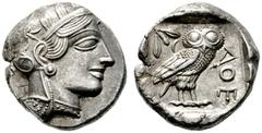 GRIECHISCHE MÜNZEN ATTIKA Athen (D) Tetradrachme (17,20g), ca. 449-404 v. Chr. Av.: Kopf der Athena mit attischem Helm und Lorbeerkranz n.r. Rv.: AΘE, Eule n.r., Kopf v.v., dahinter Olivenzweig und Mo