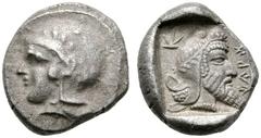 GRIECHISCHE MÜNZEN LYCIA Lykische Dynasten Kherei (410-390) (D) Stater (8,40g), ca. 410-390 v. Chr. Av.: Kopf der Athena mit attischem Helm und Lorbeerkranz n.l. Rv.: Kopf des Kherei mit Phrygischer K