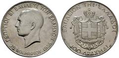 EUROPA UND ÜBERSEE GRIECHENLAND Georg II. 1922-1924/1935-1947 (D) 100 Drachmen 1935 Birmingham geprägt zum 5. Jahrestag seiner Rückkehr aus dem Exil nach Athen. Auflage: 500 Stück. Dav:119, Divo:113; 