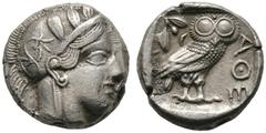 GRIECHISCHE MÜNZEN ATTIKA Athen (D) Tetradrachme (16,94g), ca. 449-404 v. Chr. Kopf der Athena mit attischem Helm und Lorbeerkranz / Eule, dahinter Olivenzweig und Mondsichel. SNG Cop 31-40, SNG Münch