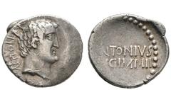 RÖMISCHE REPUBLIK IMPERATOREN M. Antonius (D) Denarius (3,52g), Heeresmünzstätte bei Athen, Sommer 32 v. Chr. Av.: ANTON AVG IMP III COS DES III IIIV R P C, Kopf des Antonius n.r. Rv.: ANTONIVS / AVG 