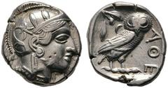GRIECHISCHE MÜNZEN ATTIKA Athen (D) Tetradrachme (17,04g), ca. 449-404 v. Chr. Kopf der Athena mit attischem Helm und Lorbeerkranz / Eule, dahinter Olivenzweig und Mondsichel. SNG Cop 31-40, SNG Münch