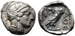 GRIECHISCHE MÜNZEN ATTIKA Athen (D) Tetradrachme (17,15g), ca. 449-404 v. Chr. Kopf der Athena mit attischem Helm und Lorbeerkranz / Eule, dahinter Olivenzweig und Mondsichel. SNG Cop 31-40, SNG Münch