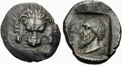 Bosporus - Kilikien LYKIEN - Unbekannte Dynasten Mithrapata um 380 Stater (9,97 g). Av.: Löwenprotome von vorn. Rv.: im Quadratum incusum, bärtiger Kopf des Mithrapata (lykische Umschrift), dahinter T