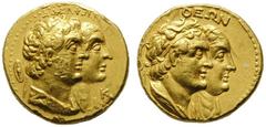 GRIECHISCHE MÜNZEN AEGYPTUS Königreich der Lagiden Ptolemaios II. Philadelphos (285-246) (D) 1/2 Mnaion/Gold-Tetradrachme (13,93g), Alexandria, Jahr 20 = 261 v. Chr. Av.: AÄEËÖÙN, die Büsten des Ptole