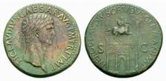 Claudius, Agrippina Claudius 41-54 Sesterz (26,76 g), Rom 41/50. Av.: TI CLAVDIVS CAESAR AVG PM TRP IMP, belorbeerte Büste rechts. Rv.: NERO CLAVDIVS DRVSVS GERMAN IMP, Triumphbogen darauf Reiter zwis