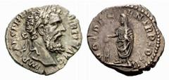 Pertinax - Plautilla Pertinax 192-193 Denar (3,17 g), Rom 193. Av.: IMP CAES P HELV PERTIN AVG, belorbeerte Büste rechts. Rv.: VOT DECEN TRP COS II, verschleierter Pertinax opfert links, über Dreifuß.