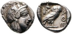 ANTIKE MÜNZEN AUS ANDEREN EINLIEFERUNGEN GRIECHISCHE MÜNZEN. ATTIKA. Athen. (D) Tetradrachme (16,39g), ca. 449-404 v. Chr. Kopf der Athena mit attischem Helm und Lorbeerkranz / Eule, dahinter Olivenzw