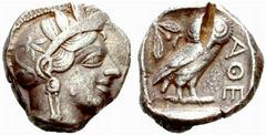 Griechenland ATTIKA - Athen Athen Tetradrachme (16,86 g), 5 Jhdt.v.Chr. Av.: behelmter Kopf rechts. Rv.: Eule steht rechts, Kopf frontal links Ölzweig und Mond. SNG.Cop:37ff: Rv. Prüfstich s.sch. Esti