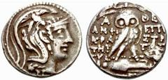 Griechenland ATTIKA - Athen Athen Tetradrachme (16,16 g), 186-86. Av.: Athenakopf rechts. Rv.: Eule auf Amphore, Amphikrates-Epistratos. SNG.Cop:183f.: Rv. Stempelfehler s.sch. Estimate: EUR 80