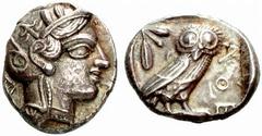 Thrakine, Griechenland ATTIKA - Athen Athen Tetradrachme (16,94 g), 479/393. Av.: behelmter Athenakopf rechts. Rv.: Eule steht rechts, links Olivenzweig und Mondsichel. SNG.Cop:33ff. f.vzgl., leicht r
