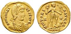 Ancient Coins RÖMISCHE KAISERZEIT Honorius (393-423) Solidus (4,41g), Ravenna, 408-423 n. Chr. Av.: D N HONORI-VS P F AVG, Büste mit Perlendiadem, Drapierung und Kürass n.r. Rv.: VICTORI-A AVGGG / R -