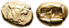 GRIECHISCHE MÜNZEN LYDIA. Könige von Lydien. Alyattes II. bis Kroisos. (D) Trite (Drittelstater) (4,73g), ca. 600-560 v. Chr. Av.: Löwenkopf n.r., auf der Stirn Sonnensymbol. Rv.: Rechteckiges Quadrat