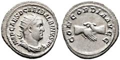RÖMISCHE KAISERZEIT Balbinus (238). (D) AR-Antoninianus (4,91g), Roma, Januar/Februar-Mai 238 n. Chr. Av.: IMP CAES D CAEL BALBINVS AVG, Büste mit Strahlenkrone, Drapierung und Kürass n.r. Rv.: CONCOR
