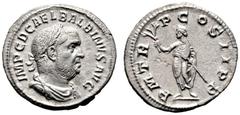 RÖMISCHE KAISERZEIT Balbinus (238). (D) Denarius (2,91g), Roma, Januar/Februar-Mai 238 n. Chr. Av.: IMP C D CAEL BALBINVS AVG, Büste mit Lorbeerkranz, Drapierung und Kürass n.r. Rv.: P M TR - P COS II