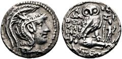 GRIECHISCHE MÜNZEN ATTIKA. Athen. Tetradrachme (15,75g), Magistrate Dositheos, Charias und Dion (?), 132-131 v. Chr. (Thompson) oder 100-99 v. Chr. (Lewis/Boehringer). Kopf der Athena mit attischem He