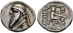 GRIECHISCHE MÜNZEN PARTHIA. Königreich der Arsakiden. Mithradates II. (123-88). Drachme (4,19g), Ekbatana. Büste des Königs mit Diadem und Drapierung, auf der Brust Stern / Arsakes mit Bogen auf Thron