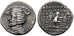 GRIECHISCHE MÜNZEN PARTHIA. Königreich der Arsakiden. Orodes II. (57-38). Drachme (4,03g), Mithradakert. Büste des Königs mit Diadem und Drapierung, davor Stern, dahinter Mondsichel / Arsakes mit Boge