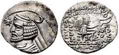 GRIECHISCHE MÜNZEN PARTHIA. Königreich der Arsakiden. Orodes II. (57-38). Drachme (3,90g), Mithradakert. Büste des Königs mit Diadem und Drapierung, davor Stern, dahinter Mondsichel / Arsakes mit Boge